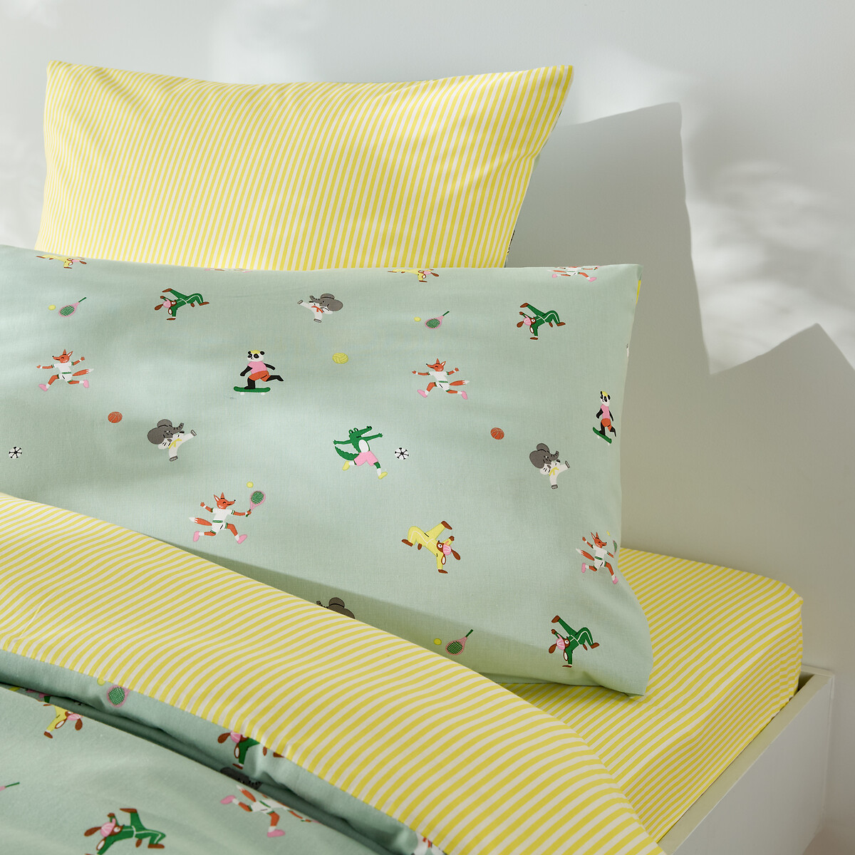 Funda de almohada infantil, 50% algodón reciclado, estampado de animales, ANIMAUX SPORTIFS verde azulado, LA REDOUTE INTERIEURS