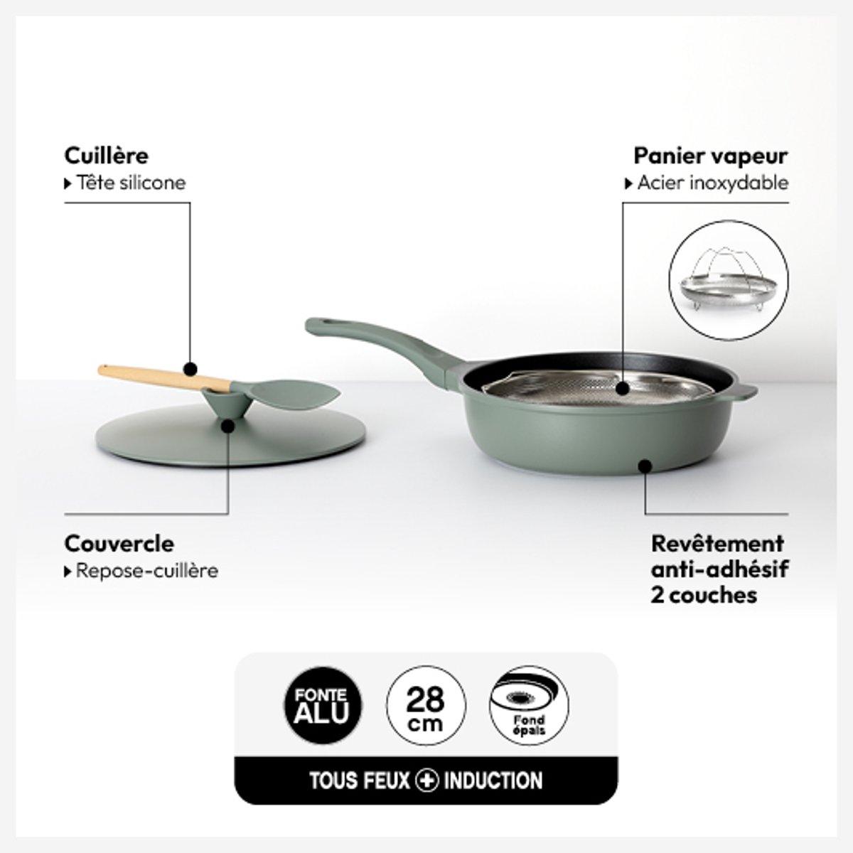 Sauteuse 28cm en fonte d'aluminium avec panier vapeur ALURO vert olive, 5FIVE SIMPLY SMART
