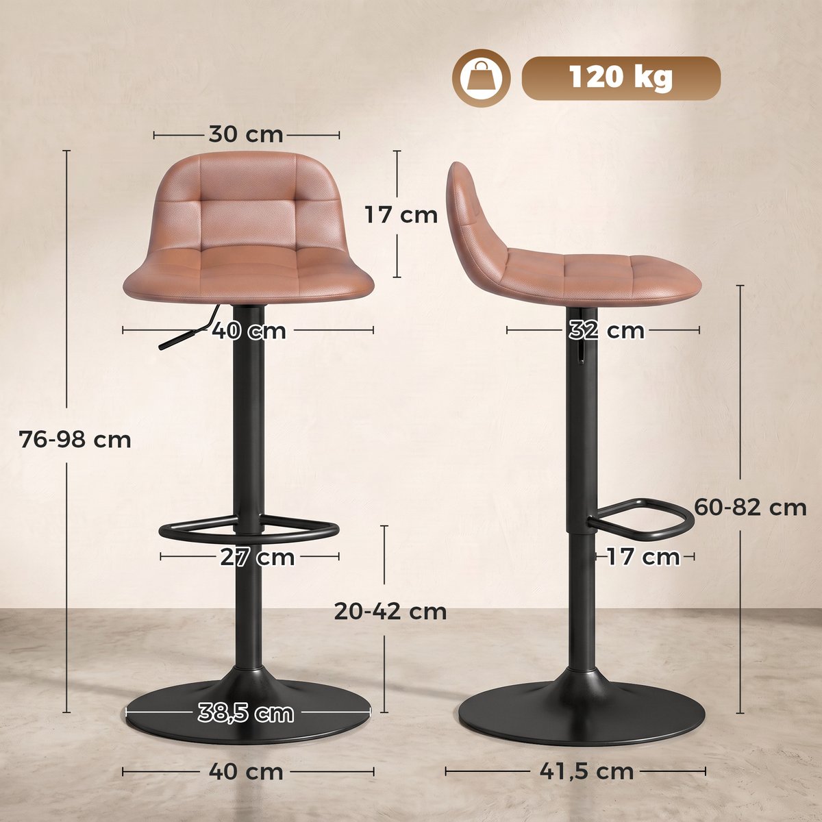 Tabouret de bar PU Marron marron foncé, noir, HOMCOM