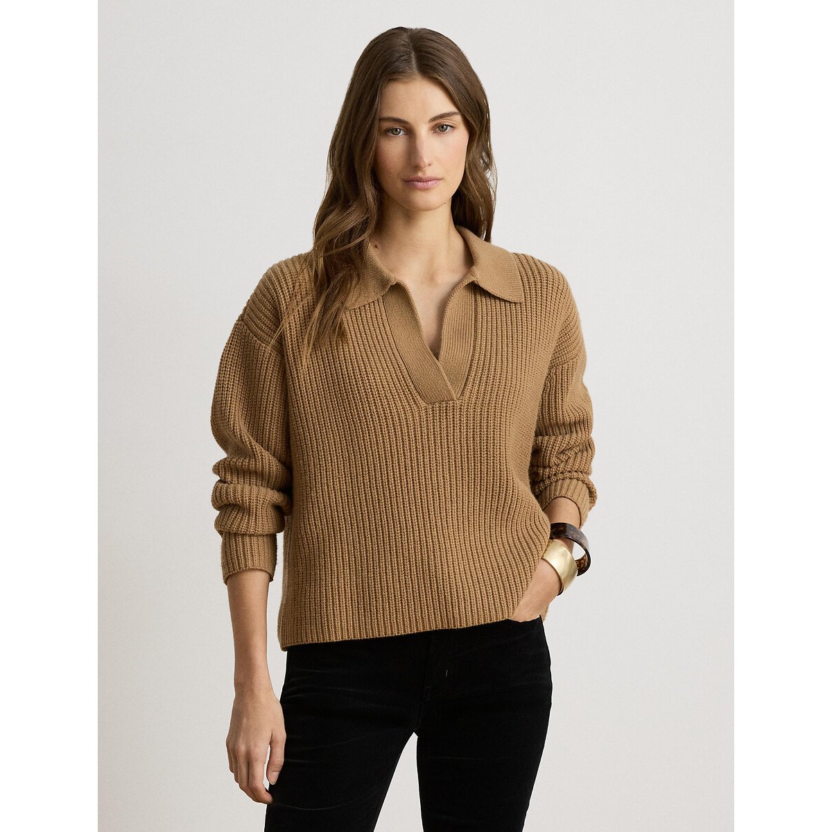 Pull col polo manches longues côtelé camel, LAUREN RALPH LAUREN