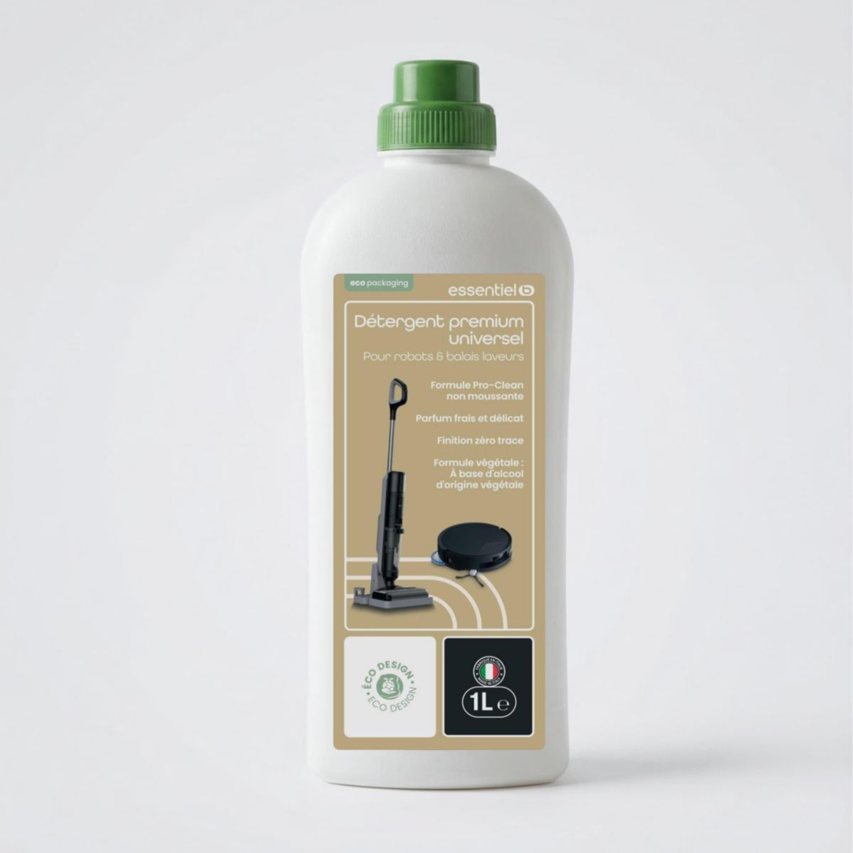 Détergent Liquide Nettoyant Sol Universel 1L pour Aspirateur Robot Laveur et Balai Laveur, Anti-Traces couleur unique, ESSENTIEL B