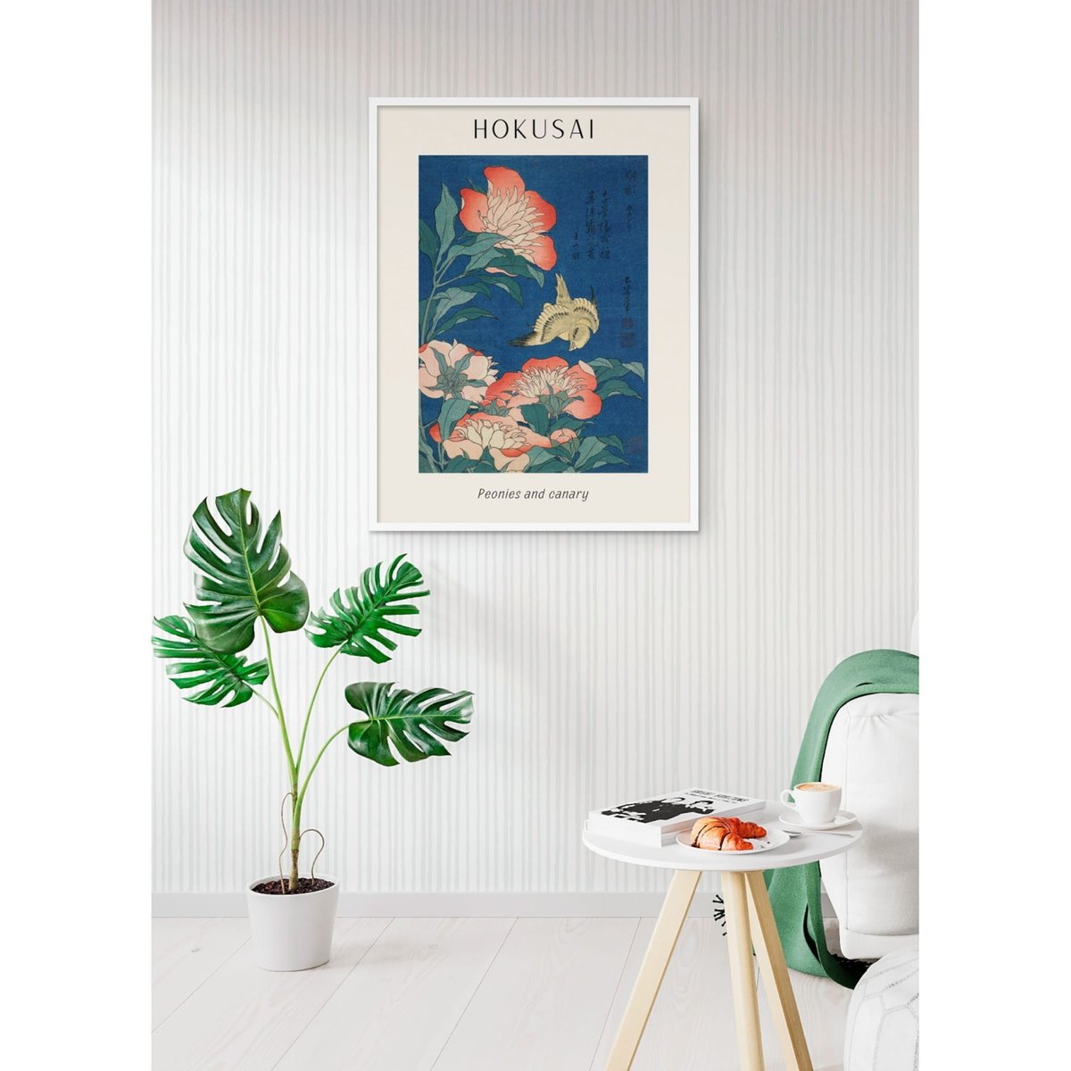 Affiche Hokusai 'Peonies and Canary' blanc, L'AFFICHERIE