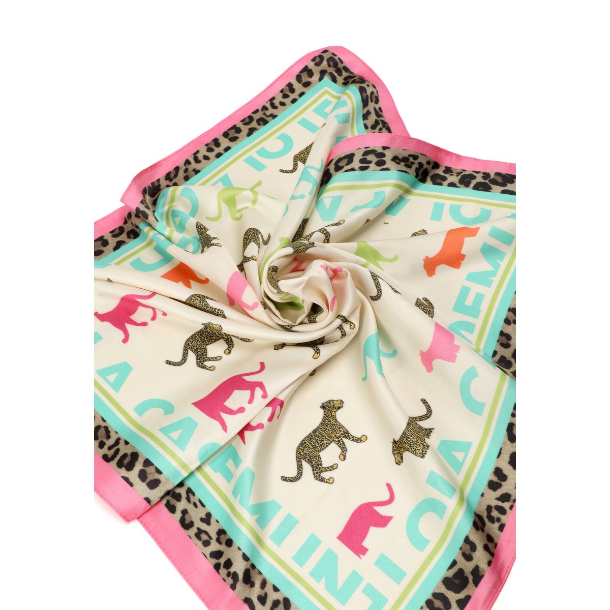 Foulard en satin avec imprimé panthère multicolore vert, LOLA CASADEMUNT