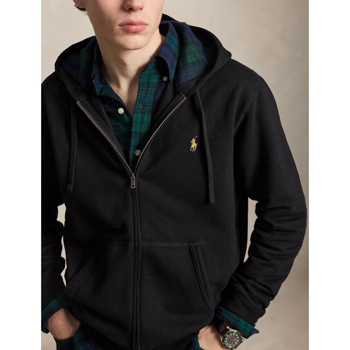 Sweat à capuche en maille double noir, POLO RALPH LAUREN
