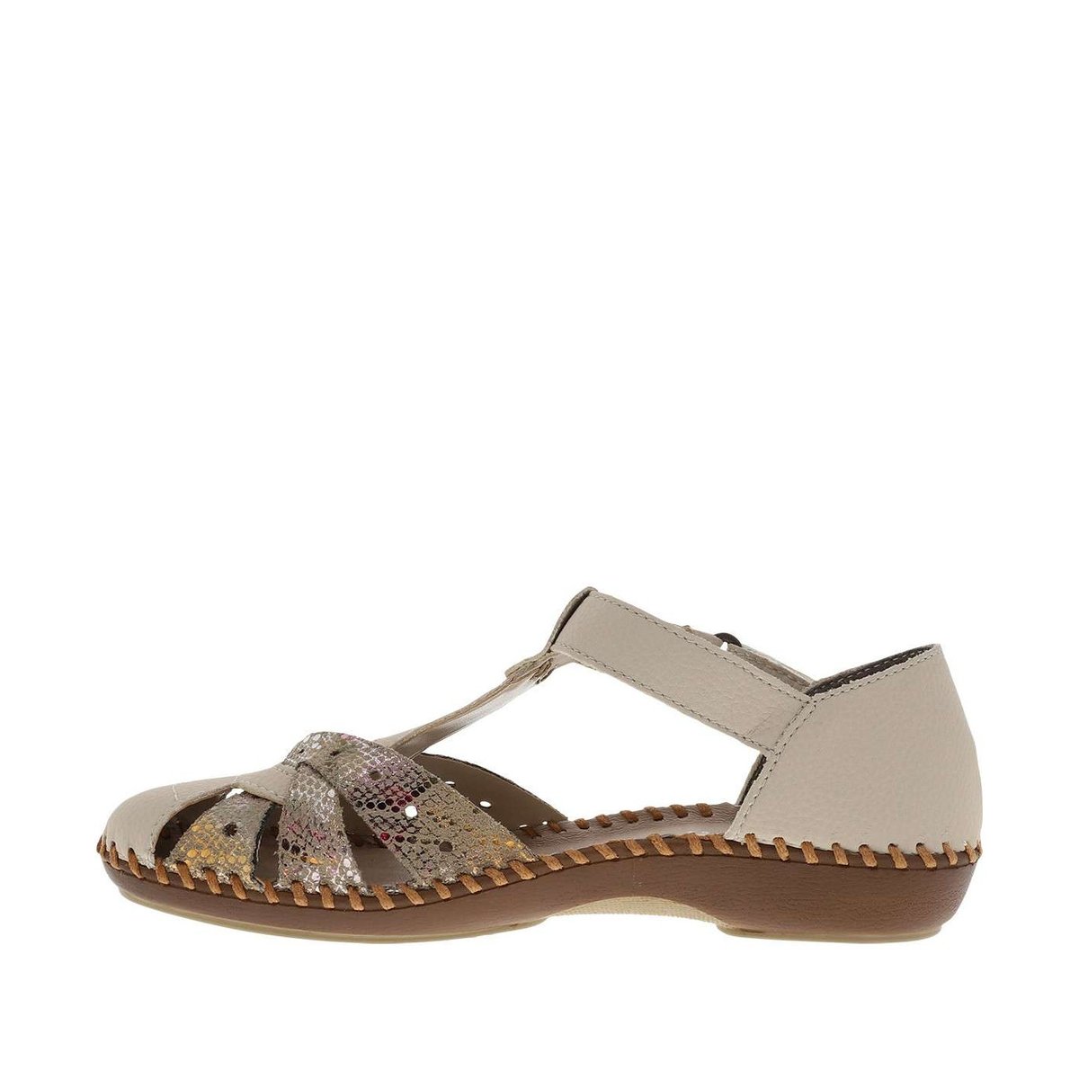 Sandales beiges à talon compensé bas avec une bande auto-agrippante beige, RIEKER