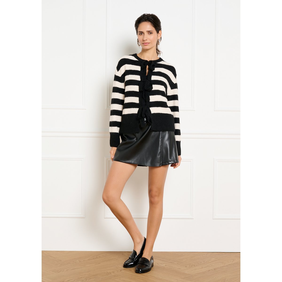 Cardigan rayé à noeuds blanc vanille, LOLALIZA