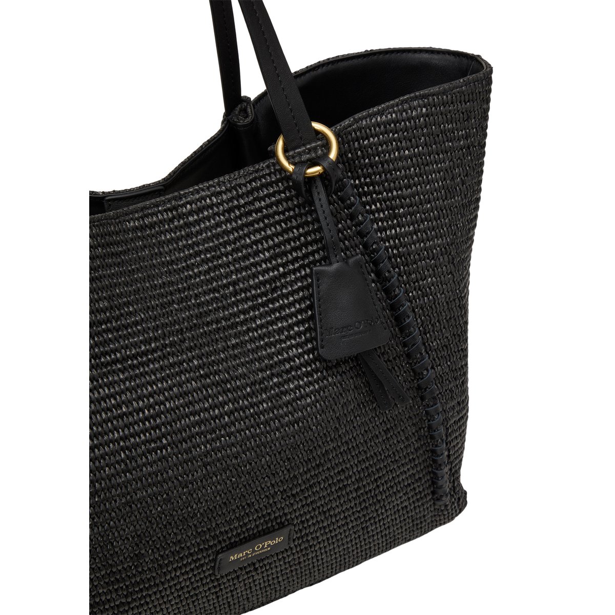 Shopper en raphia large avec détails élégants en cuir véritable noir, MARC O'POLO