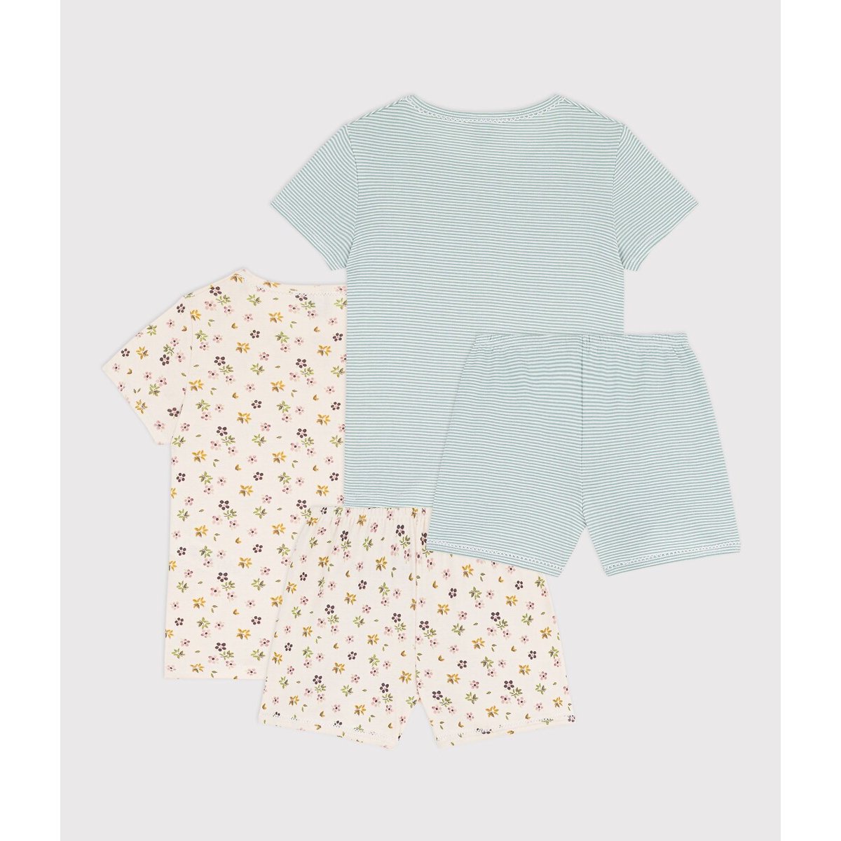 Set van 2 katoenen pyjashorts met bloemen en strepen gestreept groen/ecru, PETIT BATEAU
