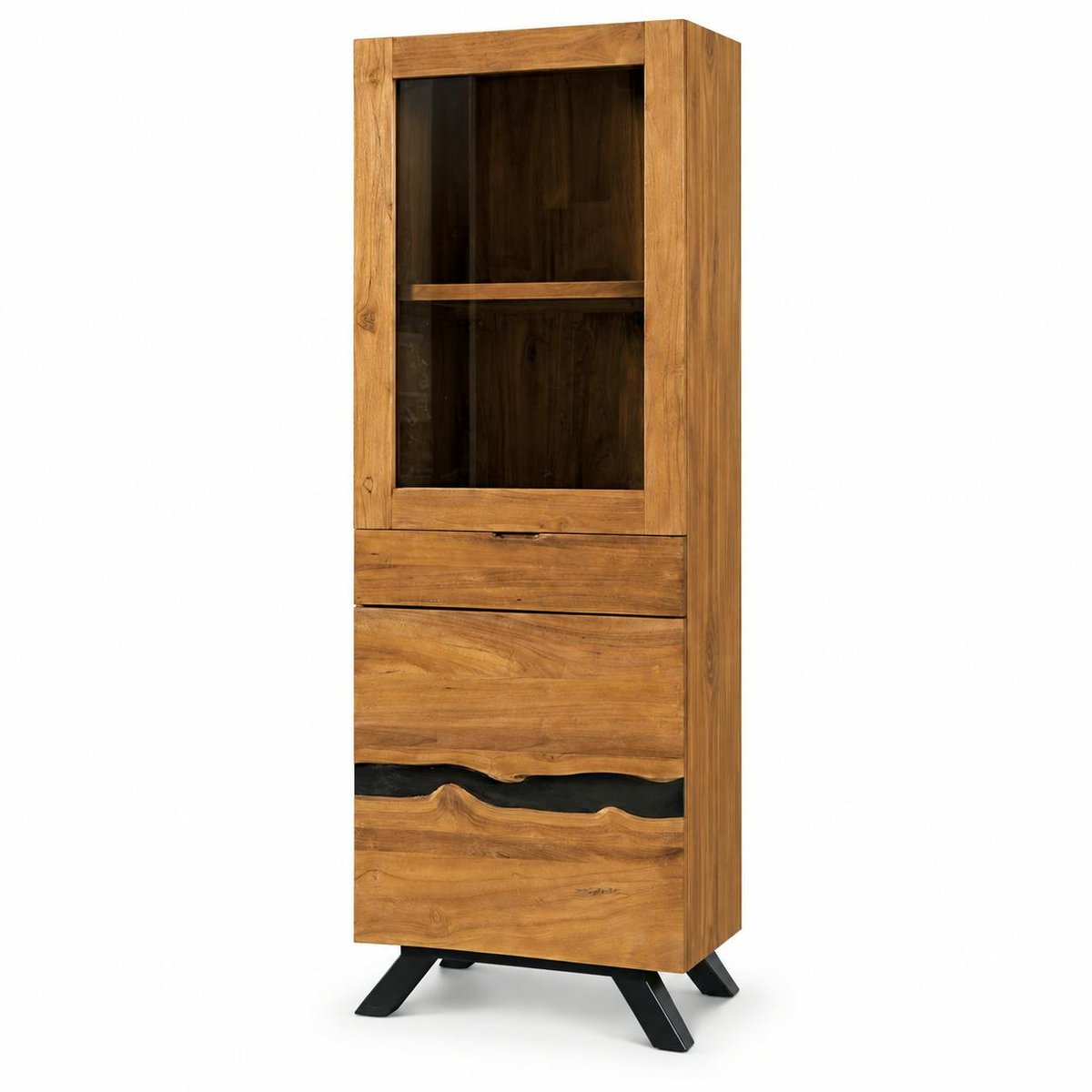 Colonne de rangement bois recyclé teck laque noire BARBADE bois naturel, PIER IMPORT