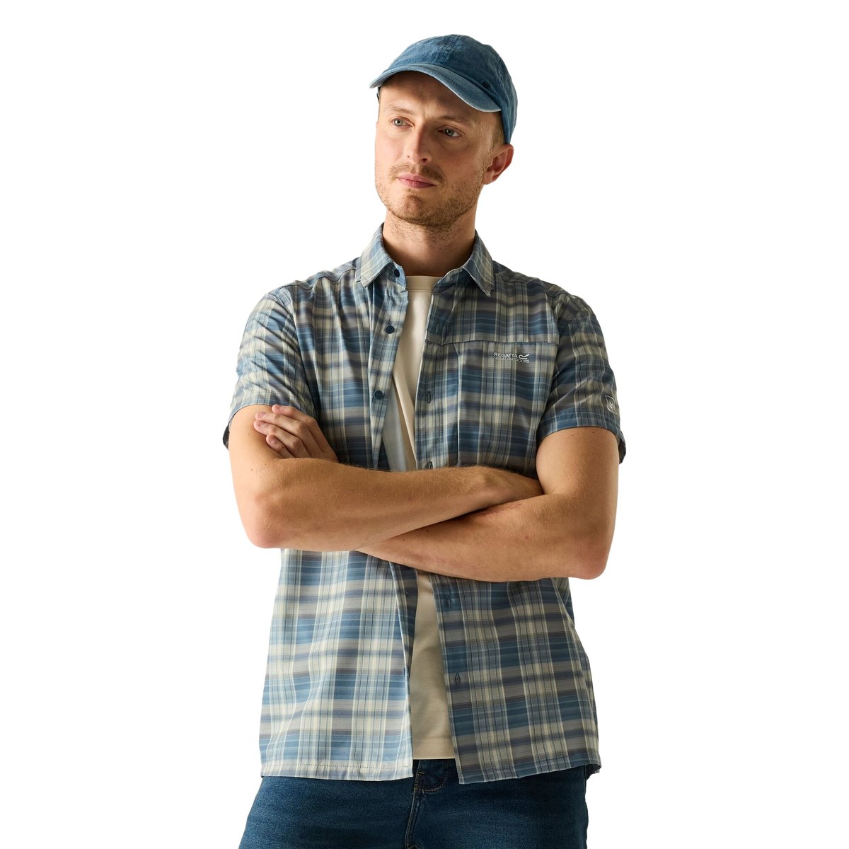 Chemise de voyage manches courtes motif/style à carreaux bleu de chine, REGATTA