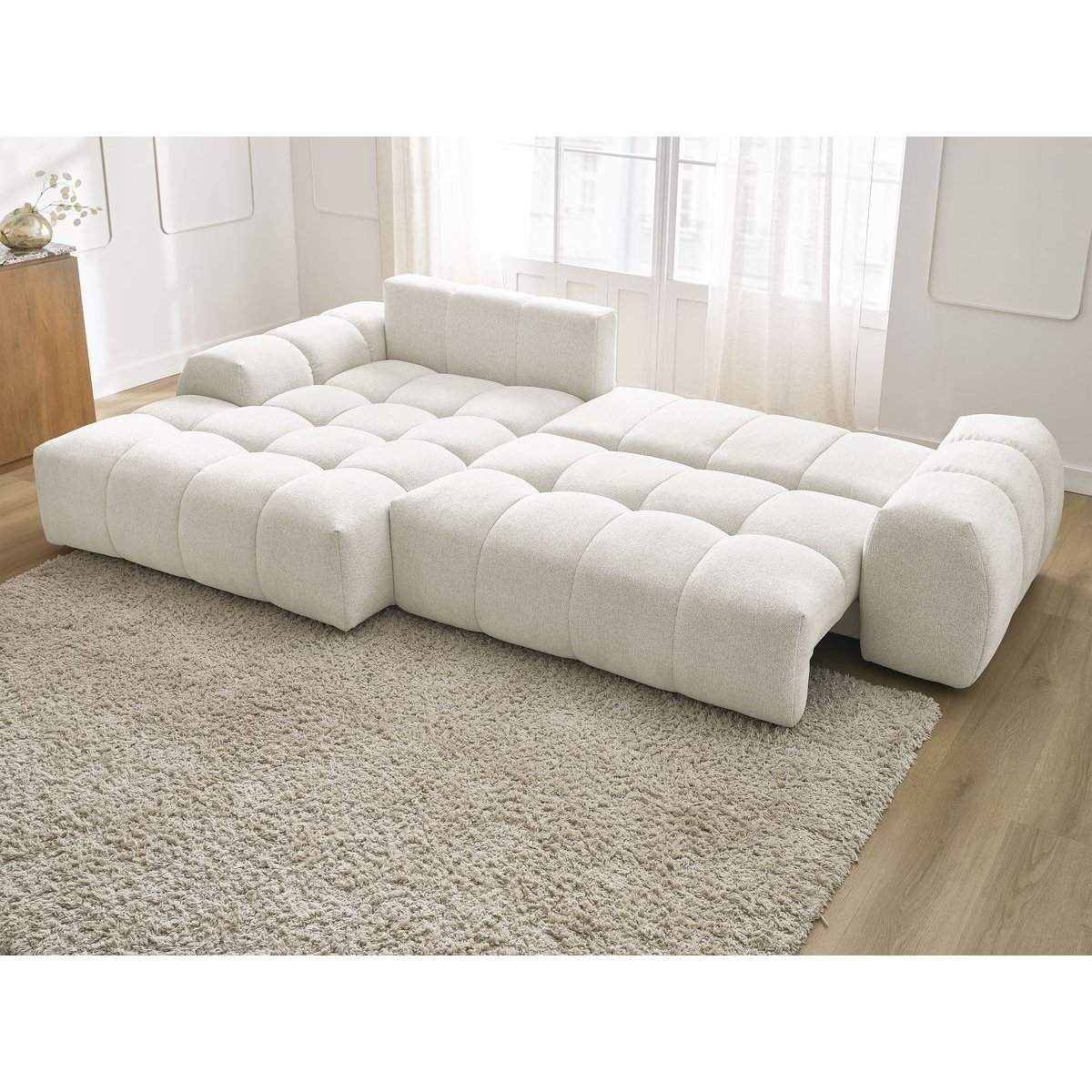 Canapé d'angle convertible 3 places en tissu chiné, EVEREST blanc, BOBOCHIC