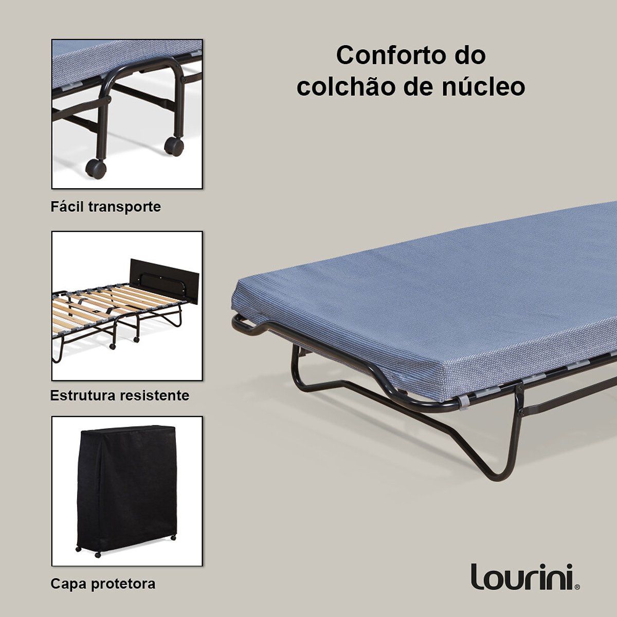 Divã Dobrável com Colchão de Núcleo e Rodas, Louri preto , LOURINI