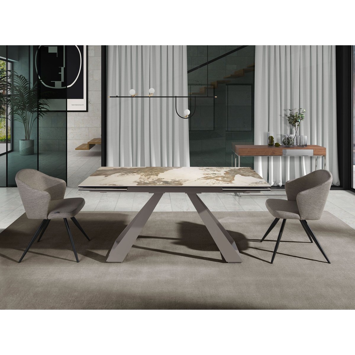 Table à manger marbre et acier effet noyer blanc | gris taupe, ANGEL CERDA
