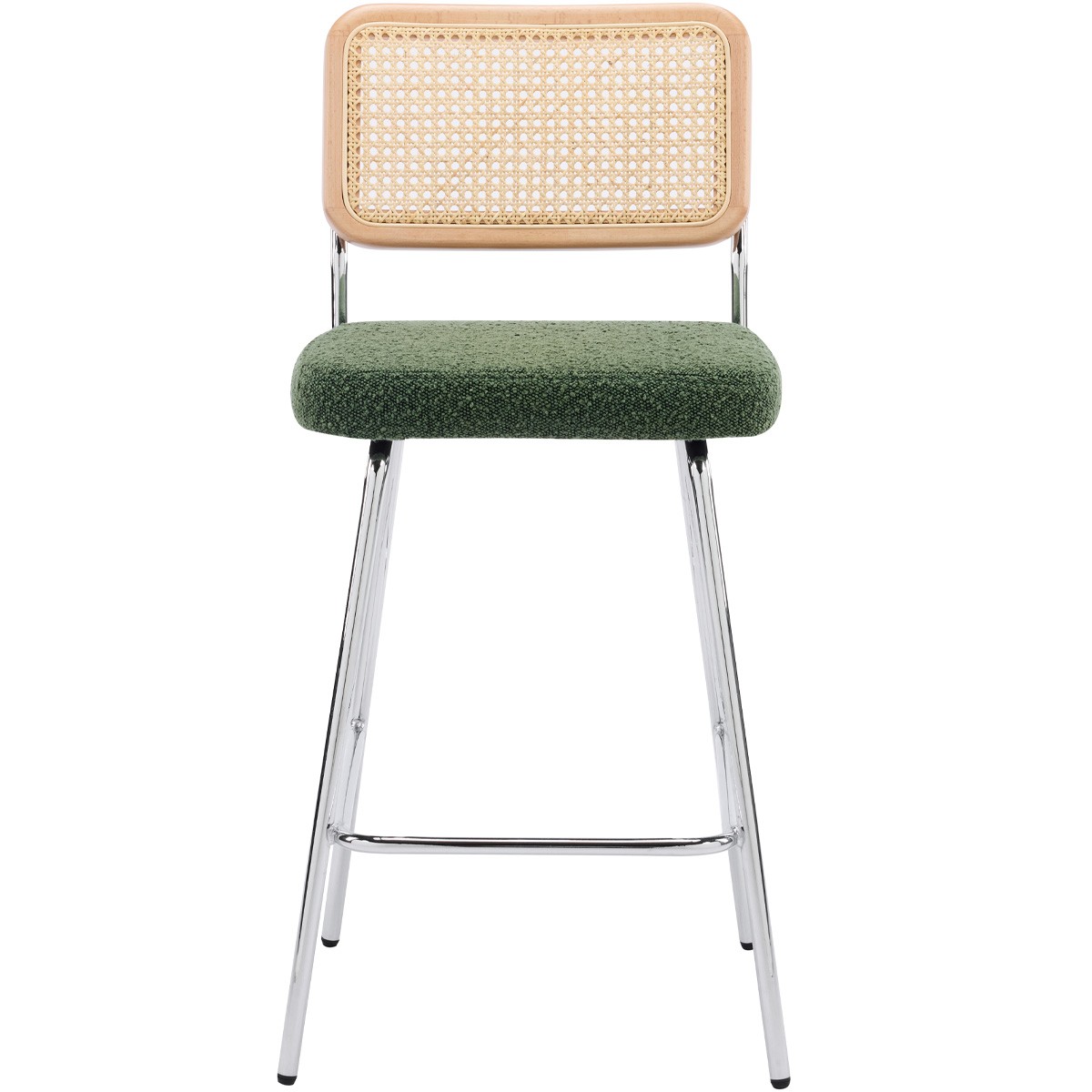 Lot de 2 chaises de bar en cannage et tissu bouclé, piètement chromé - MUSE vert, HOMIFAB