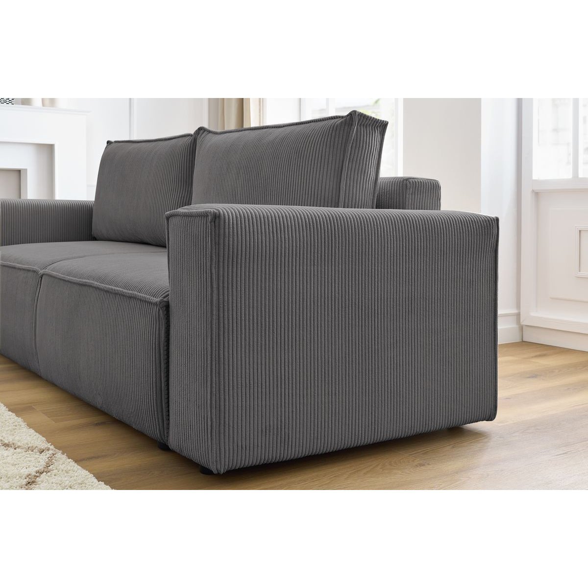 Canapé droit convertible 4 places en velours côtelé avec pouf, NIHAD gris foncé, BOBOCHIC