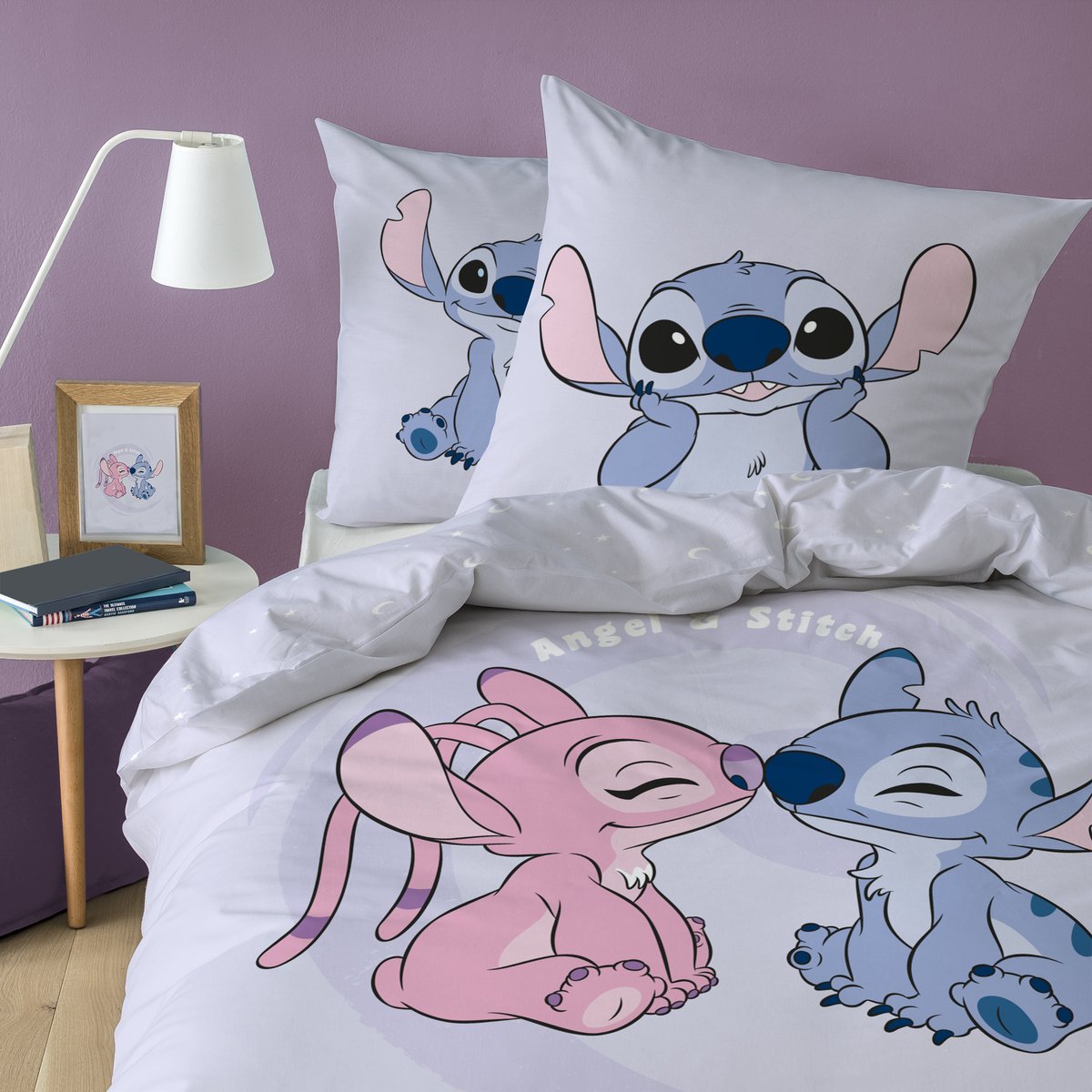 Parure de lit imprimée + drap housse 100% coton, HAPPY violet, DISNEY STITCH