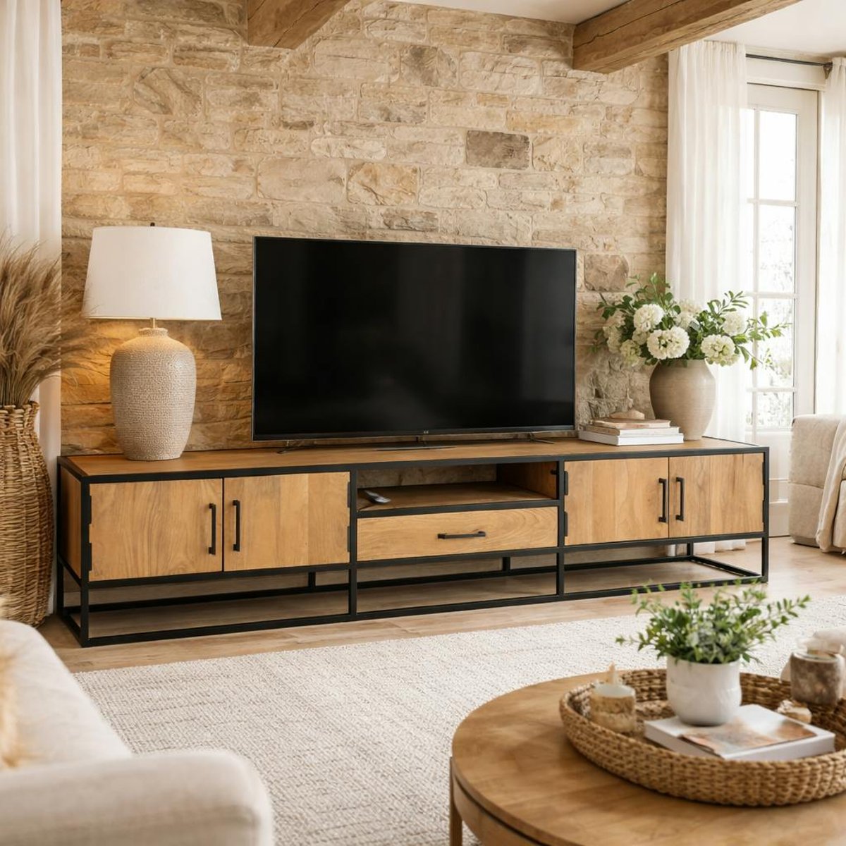 Meuble TV 240 cm avec rangements RIVANO bois clair, PIER IMPORT