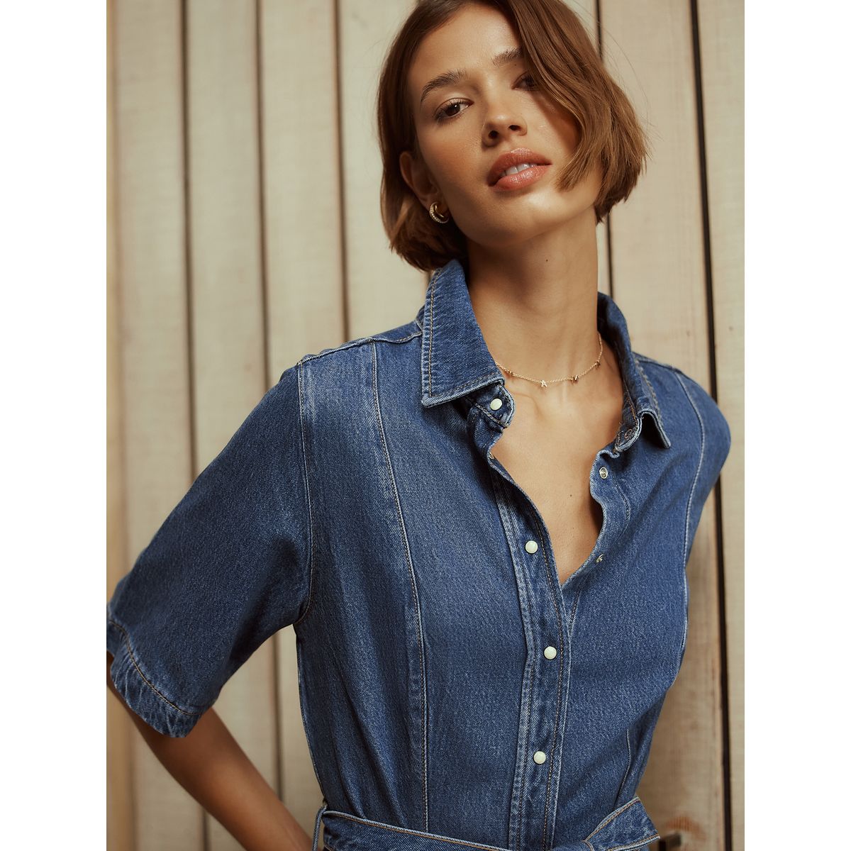 Robe chemise longue à manches courtes jean bleu moyen, NEXT