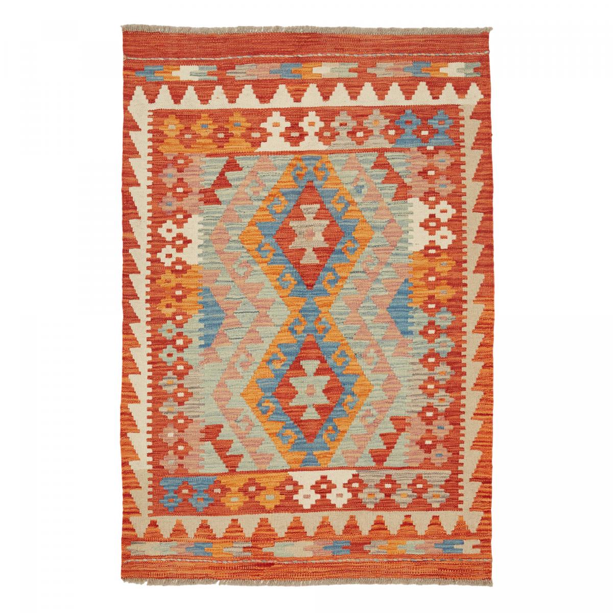 Tapis kilim au motif ethnique, tissé plat artisanal, KILIM 45 rouge, bleu, orange, UN AMOUR DE TAPIS