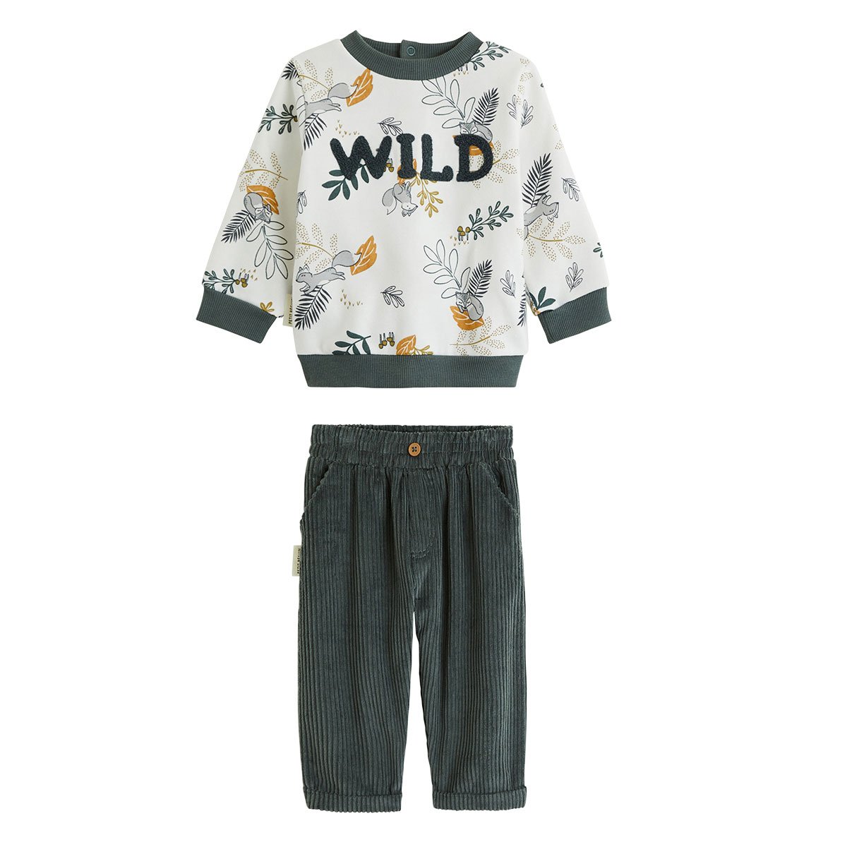 Ensemble bébé sweat et pantalon en velours côtelé Elliott vert, PETIT BEGUIN