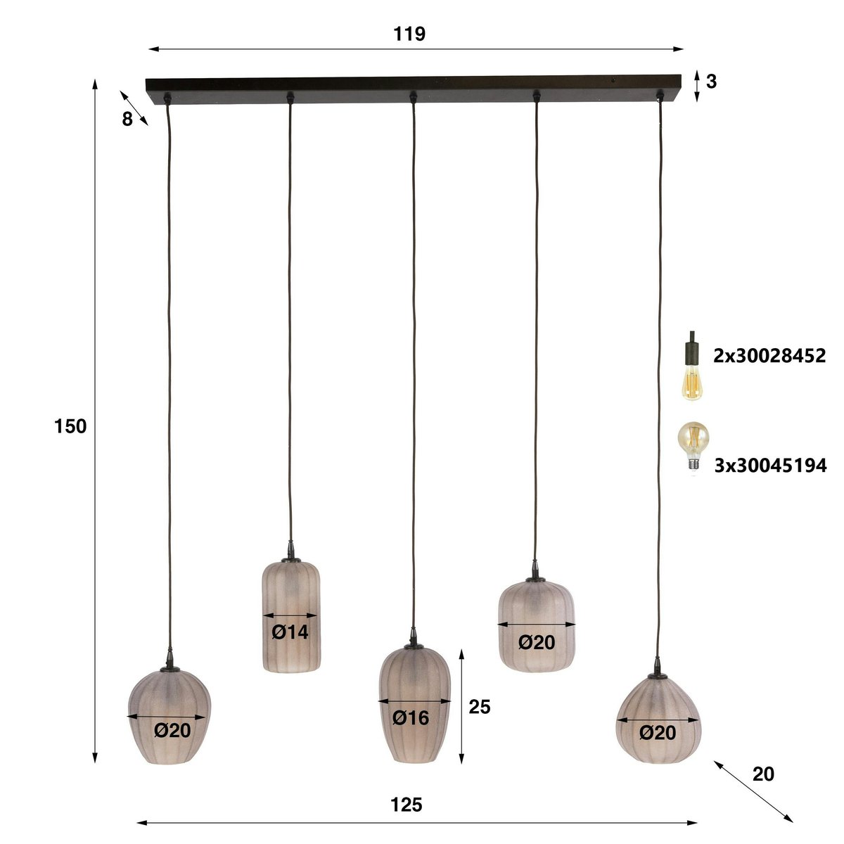 Suspension salle à manger verre brun dépoli 5 lampes NOVA marron, PIER IMPORT