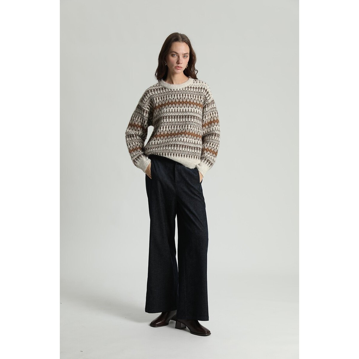 Pull col rond, esprit graphique ecru/marron, SEE U SOON
