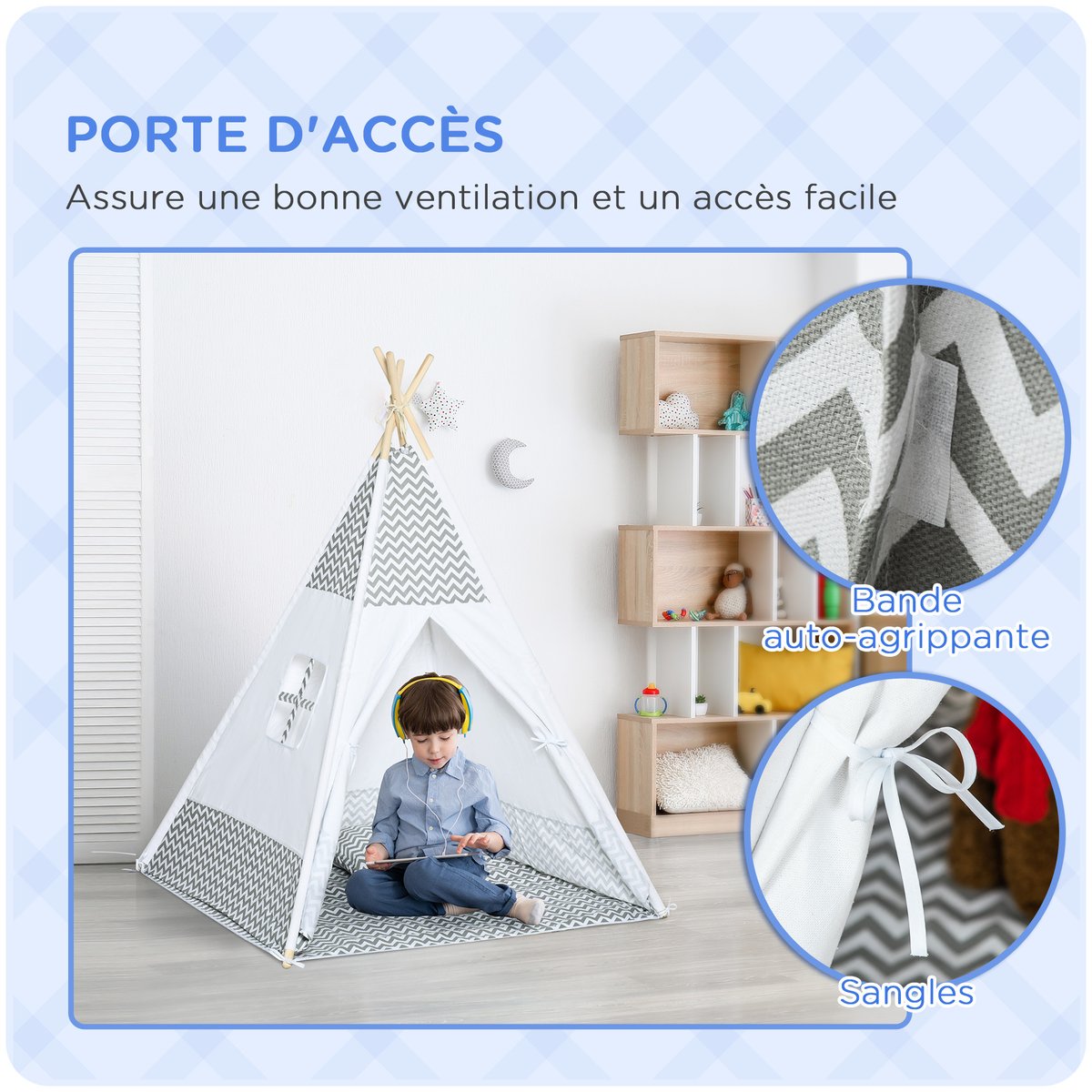 Tente pour enfants Toile polyester coton gris, HOMCOM