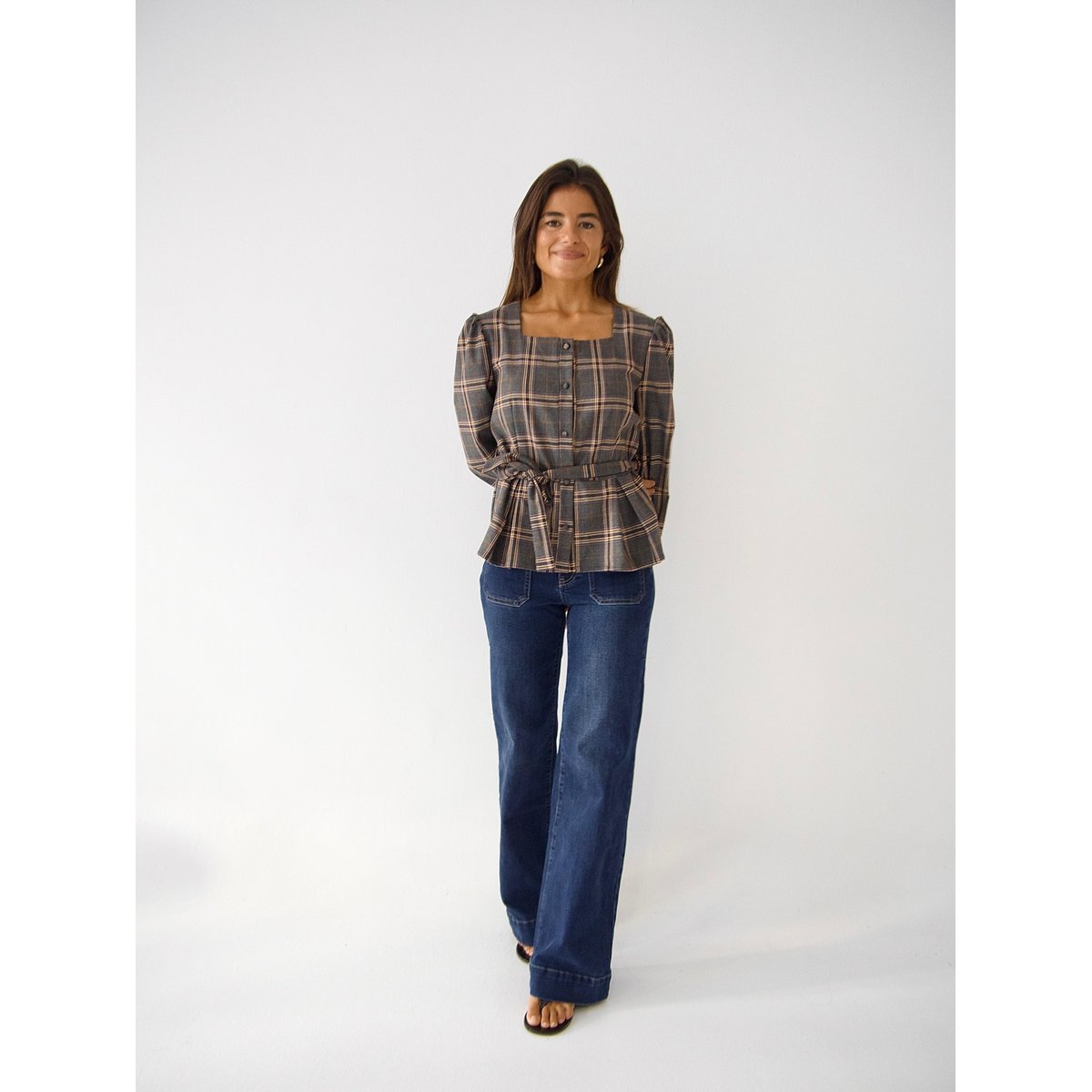 Blouse carreaux col carré BETH gris / bordeaux, MINDTRAVELER