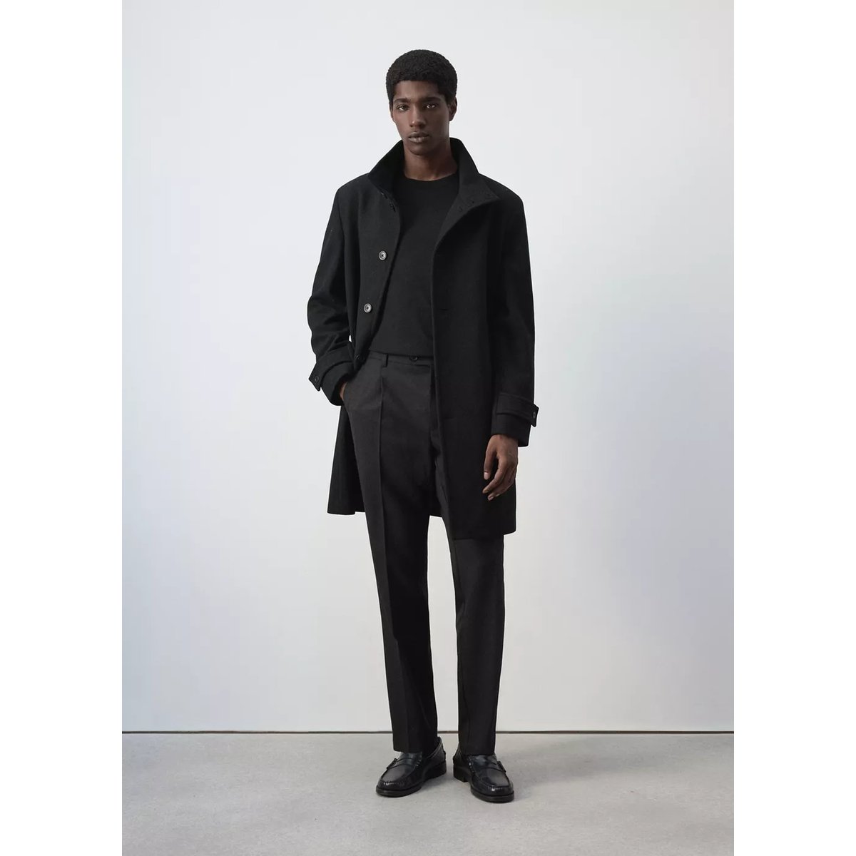 Manteau en laine à col cheminée noir, MANGO MAN