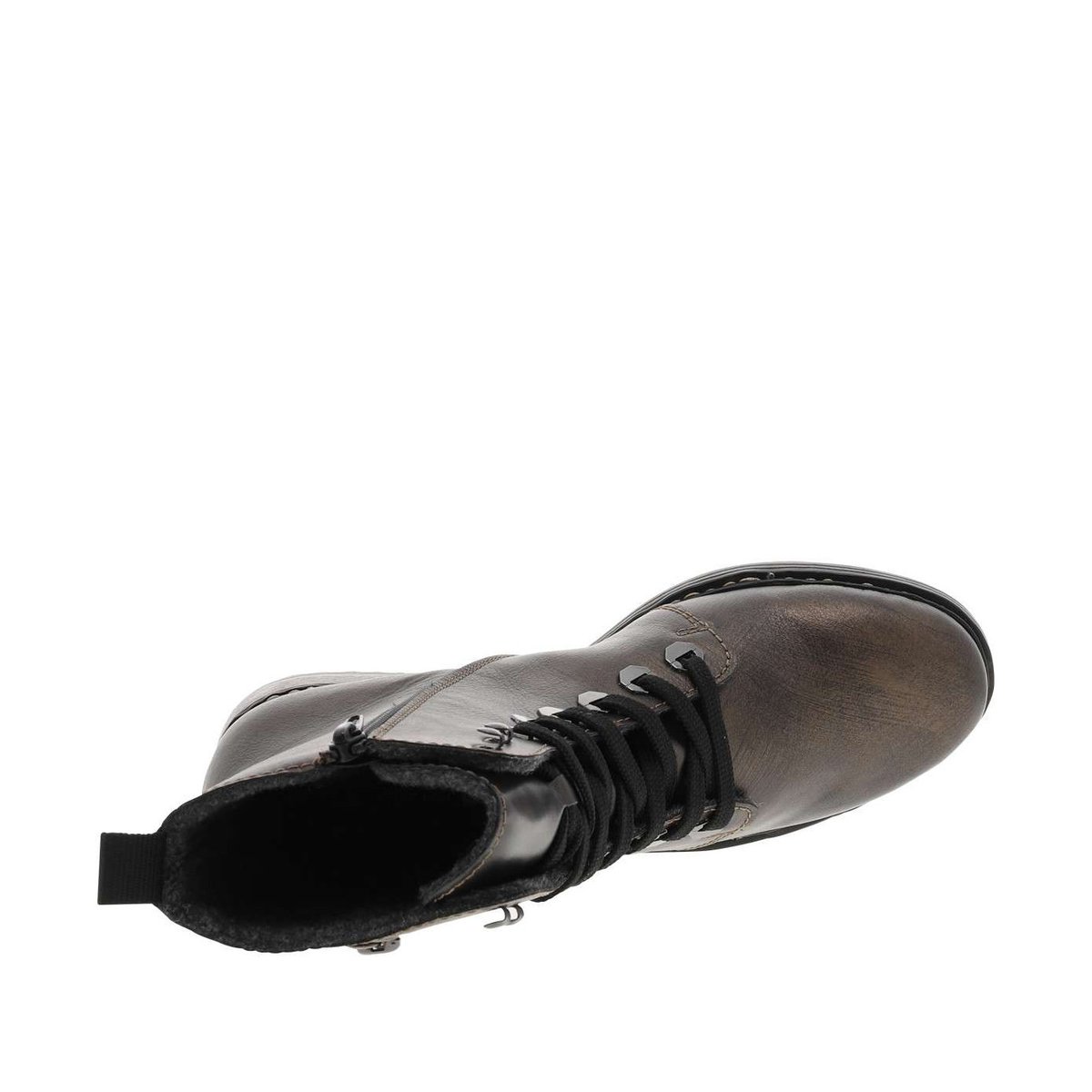 Bottines en cuir enduit bronze à talon décroché bas avec des lacets et un zip bronze, RIEKER