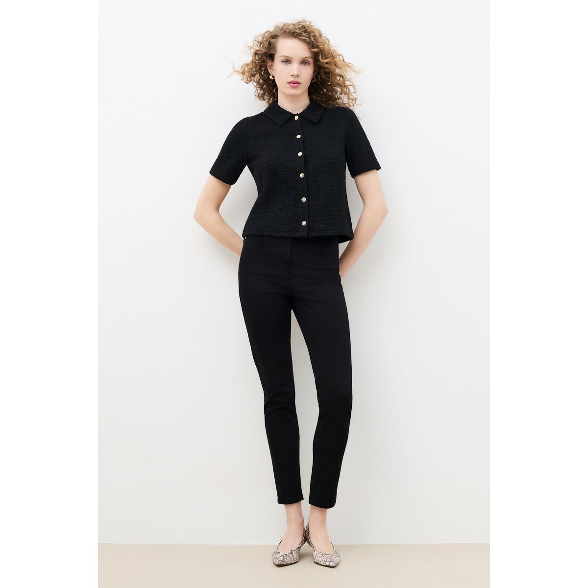 T-shirt court droit col chemise TDANIA noir, CAROLL