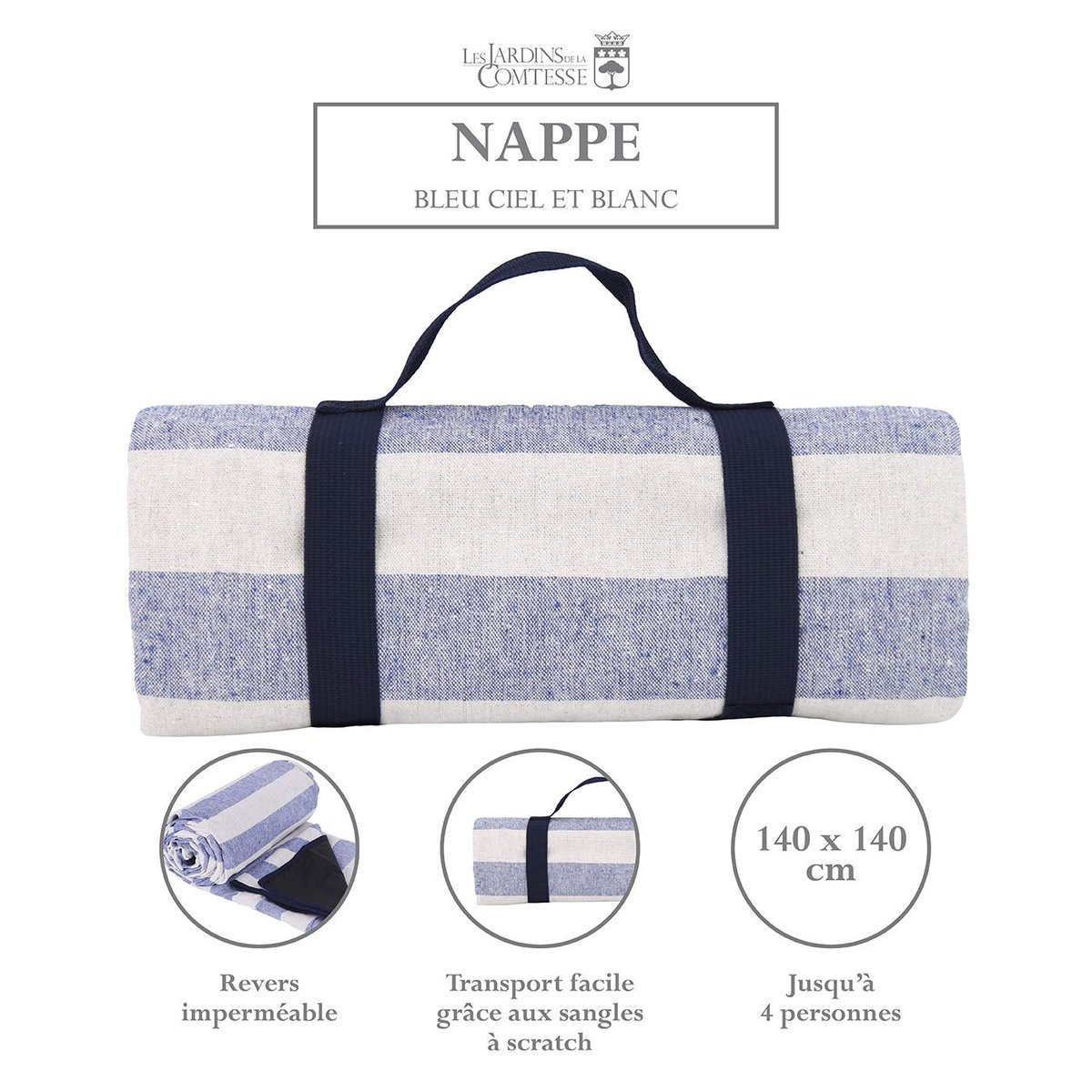 Nappe pique-nique à revers imperméable bleu, blanc, LES JARDINS DE LA COMTESSE