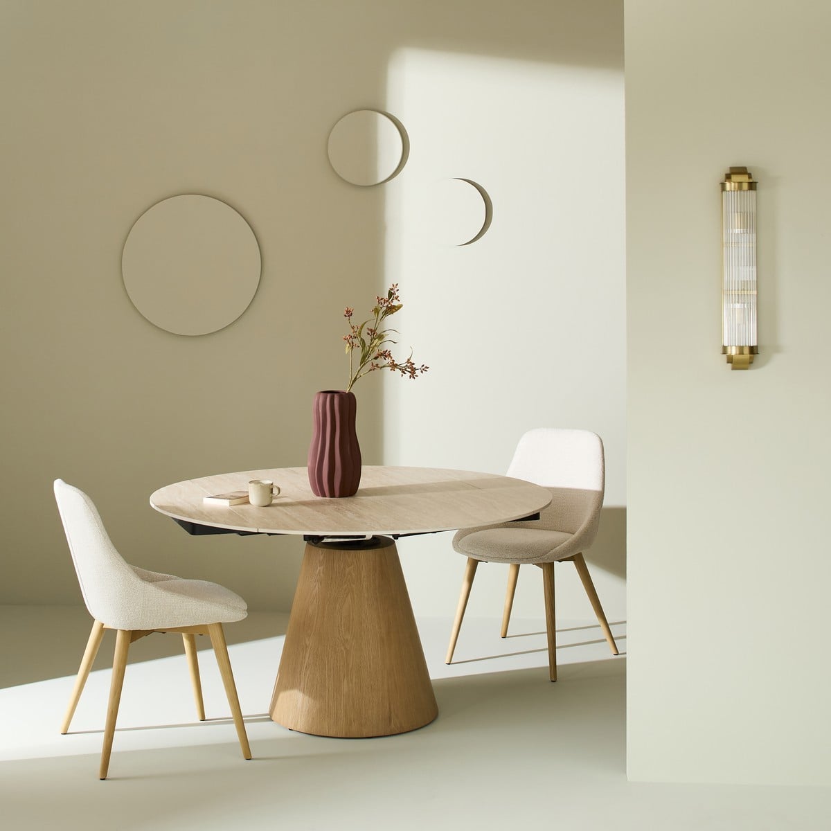 Table en céramique ronde avec allonges LUMIO beige, SIGNATURE