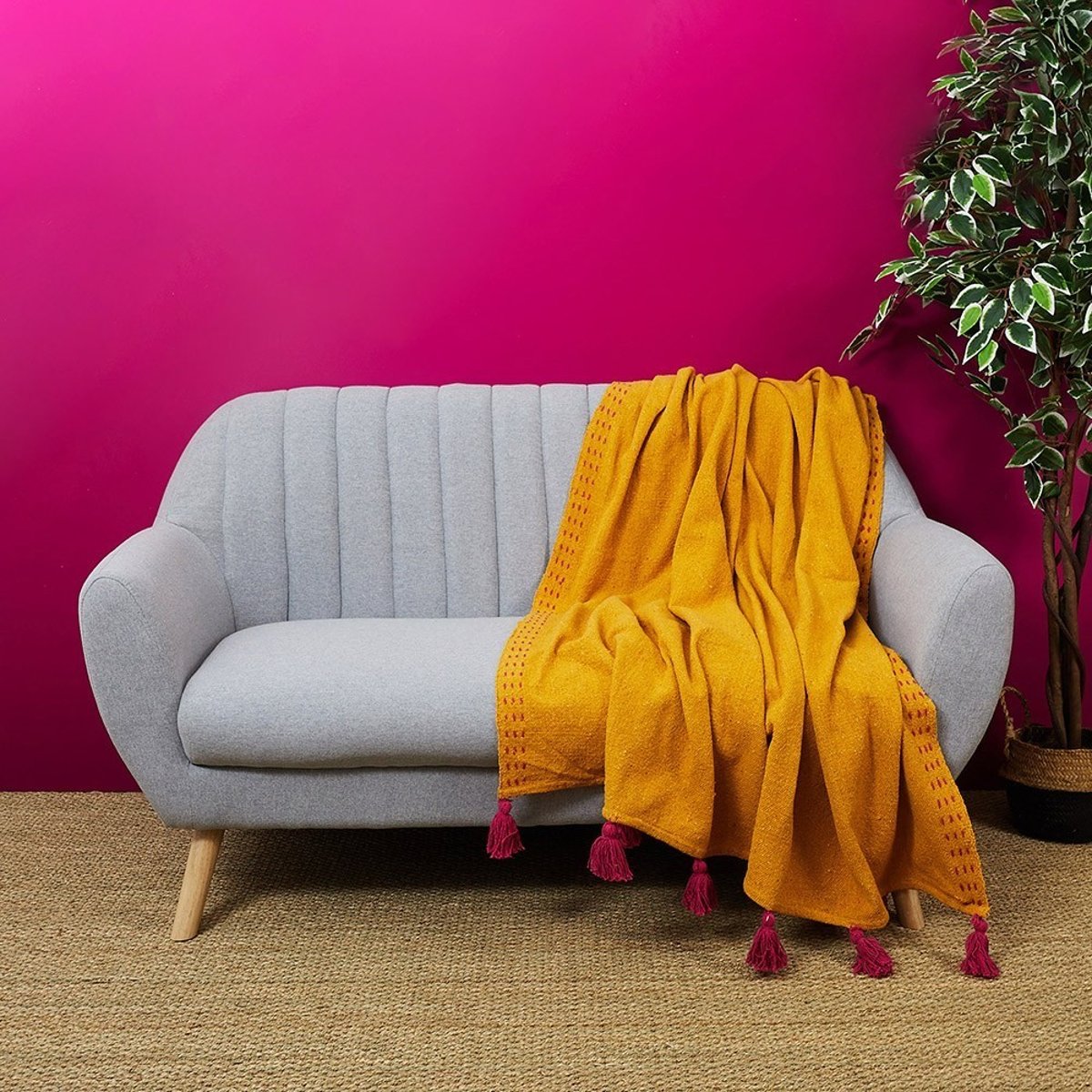 Jeté De Canapé Surpiqué Pompons Jaune 130x150 jaune, DECORATIE