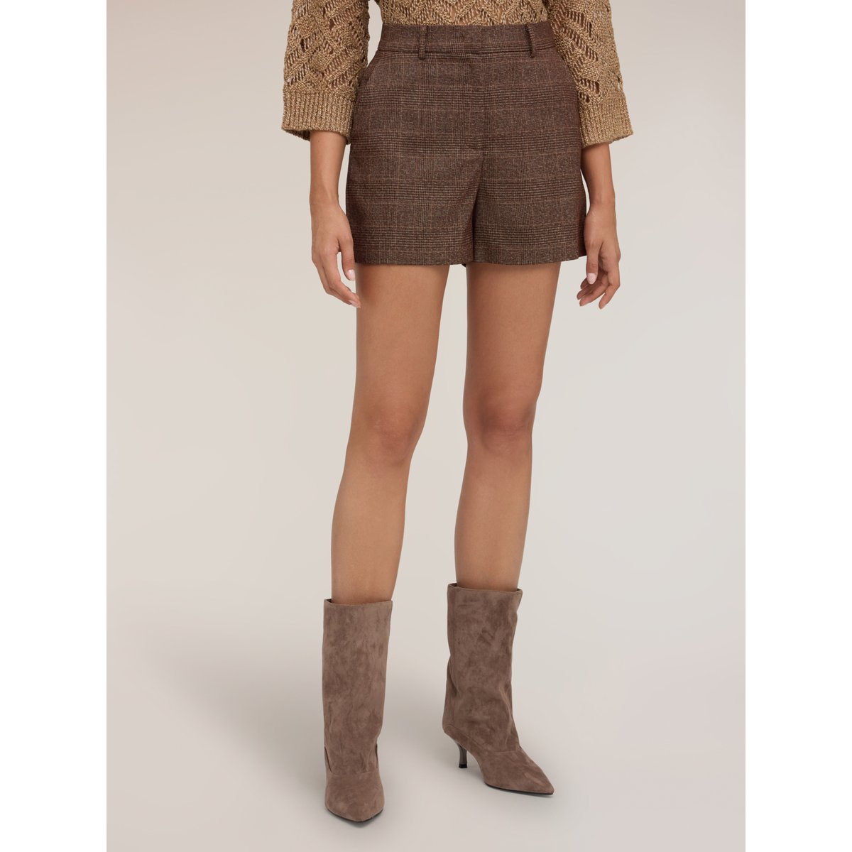 Short taille haute motif carreaux marron, MOTIVI
