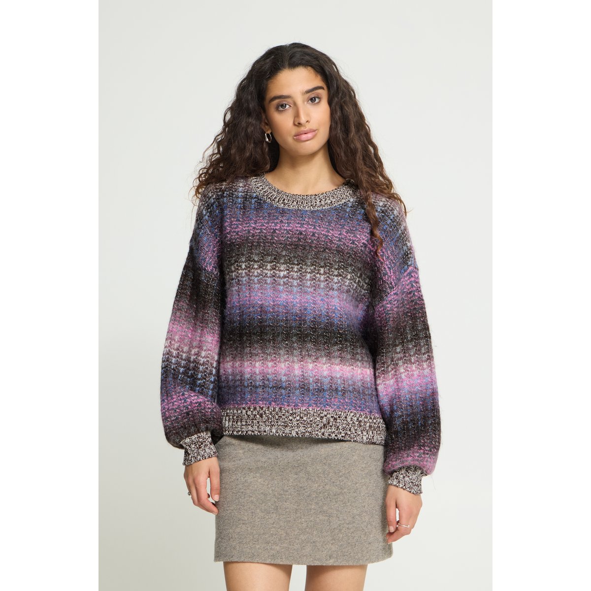 Pull en maille manches longues rose bleu marron pink blue brown mix, ICHI