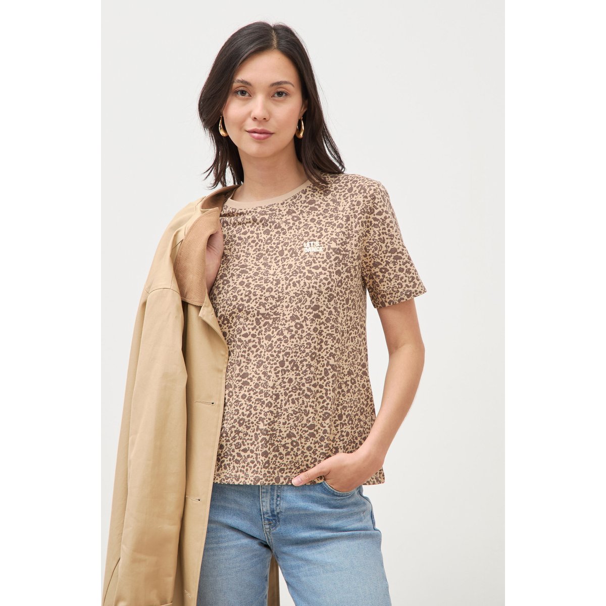 T-shirt droit col rond manches courtes sable, BONOBO