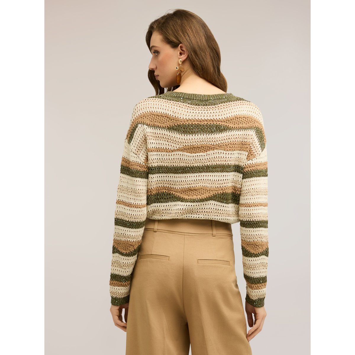 Pull court à rayures ajouré beige, MOTIVI
