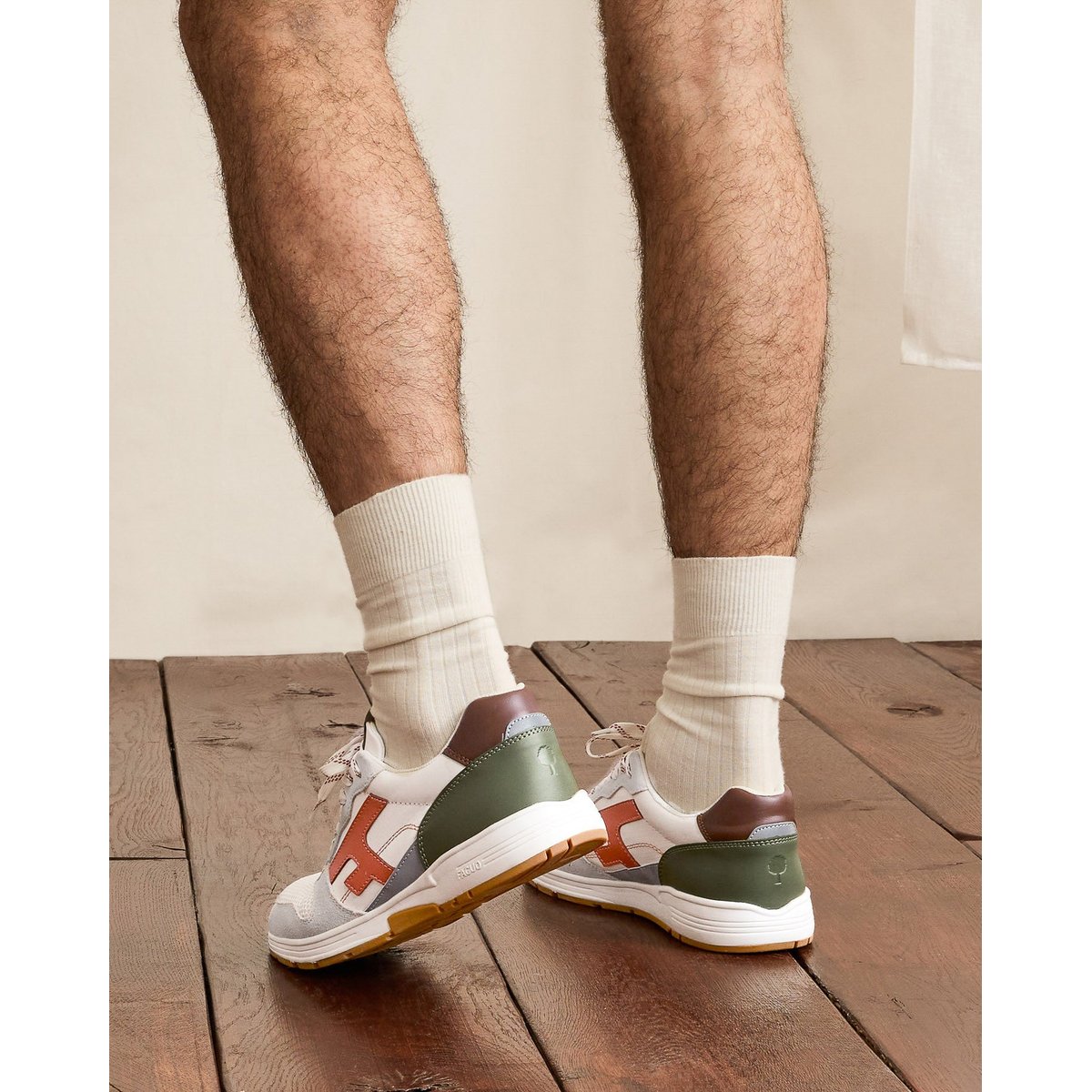 Running tissu suede OLIVE blanc et terracotta et kaki, FAGUO