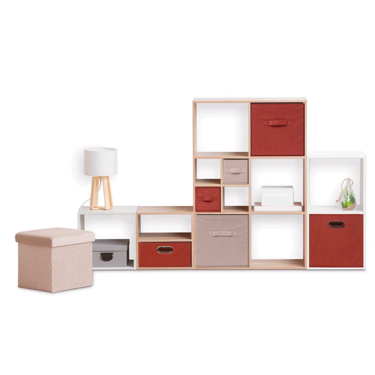 Lot de 2 boîtes de rangement carrées en tissu MIX' N MODUL rouge, TOILINUX