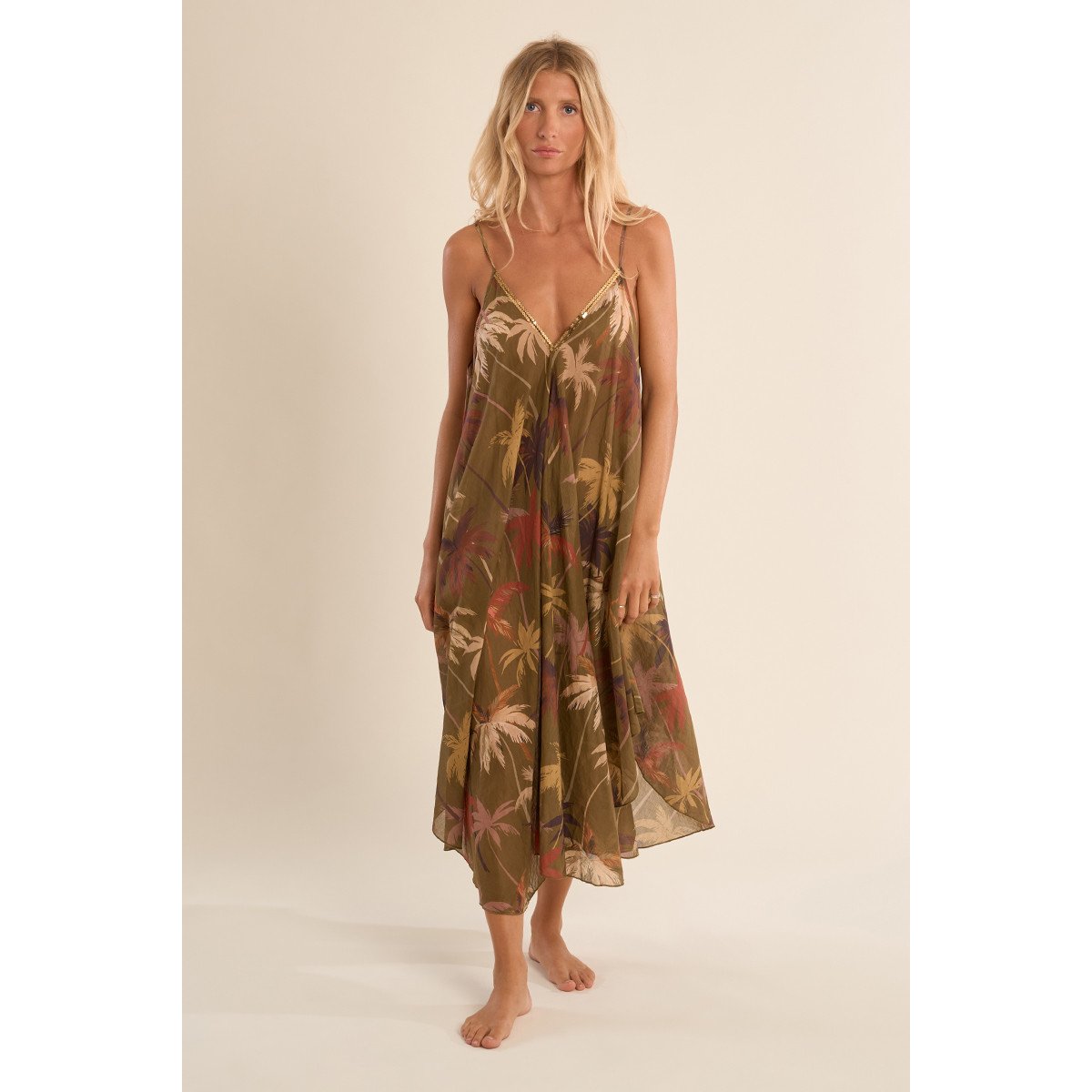 Longue robe fluide en coton, imprimée khaki moana, MOLLY BRACKEN