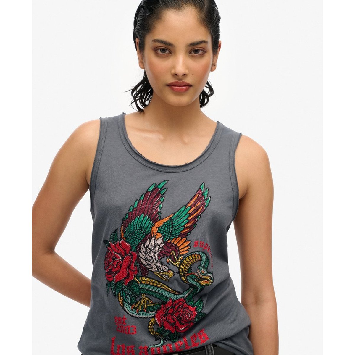 Débardeur à encolure dégagée Neo Trad Tattoo noir délavé flammé, SUPERDRY