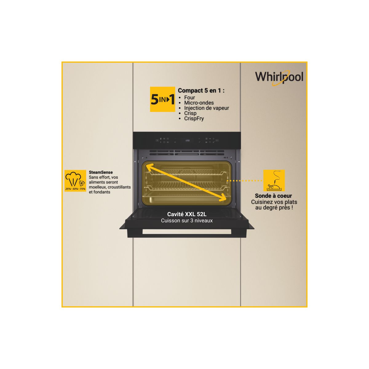 Micro ondes combiné WCT7A9PHTSBF noir, WHIRLPOOL