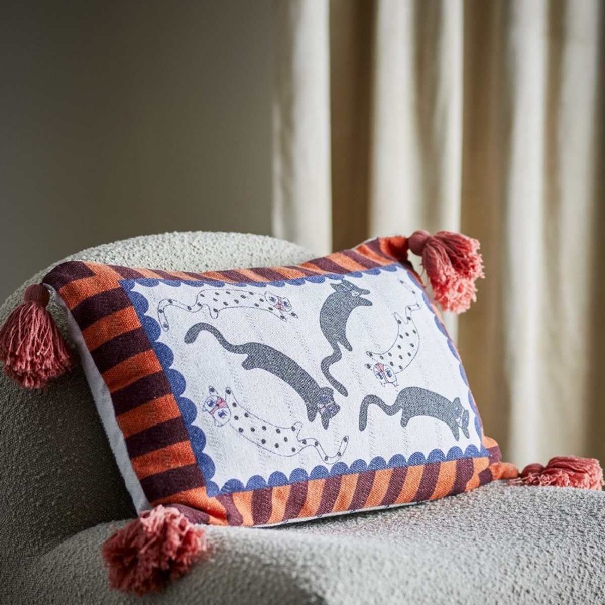 Coussin décoratif chats coton recyclé MISSY multicolore, BLOOMINGVILLE