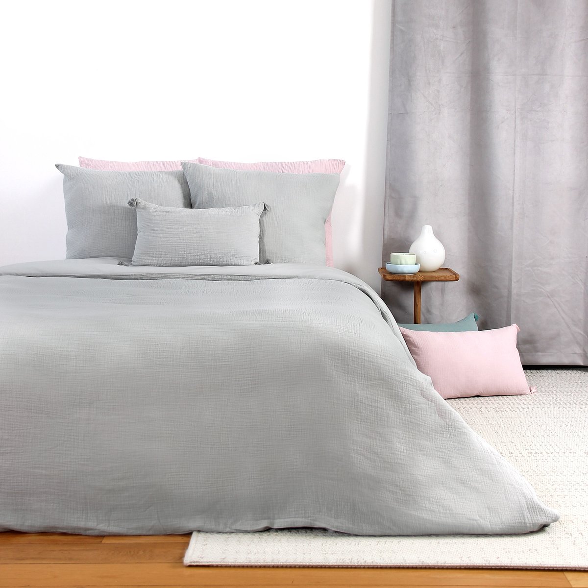 Parure housse de couette en gaze de coton unie, OZEN gris clair, C DESIGN HOME TEXTILE