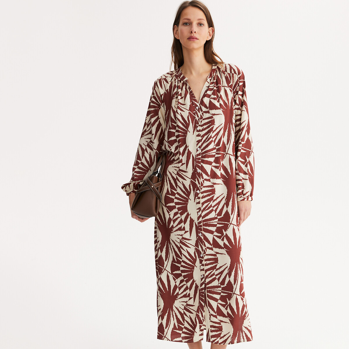 Maxi Shift Dress with Graphic Print and 3/4 Length Sleeves ivory print, ANNE WEYBURN