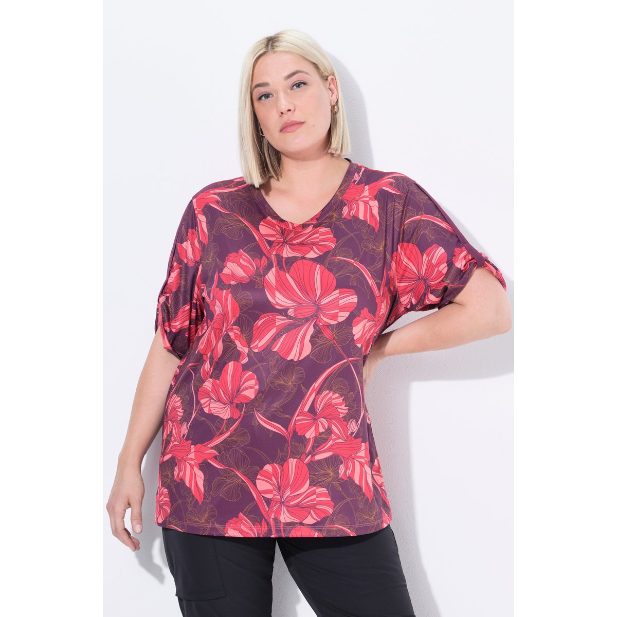 T-shirt technique à fleurs cerise noire, ULLA POPKEN
