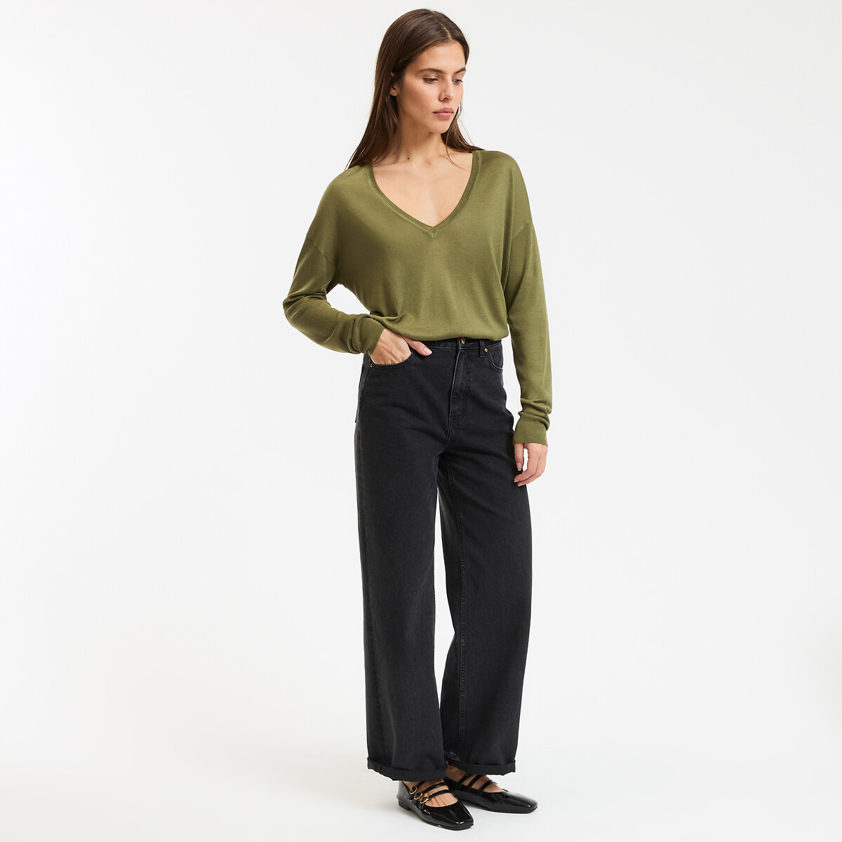 Pull col V, en fine maille vert kaki, LA REDOUTE COLLECTIONS