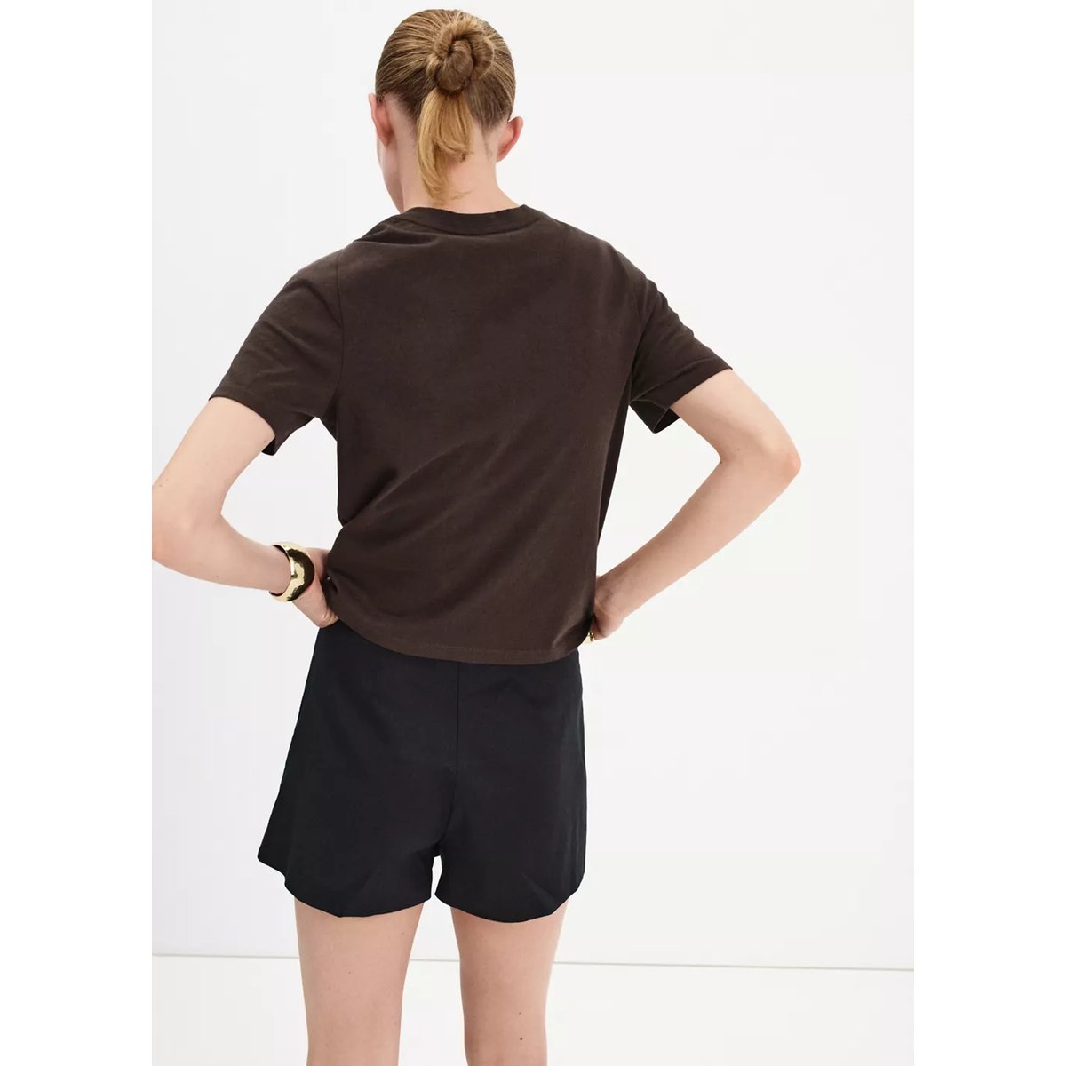 T-shirt coton broderie à fleurs marron, MANGO