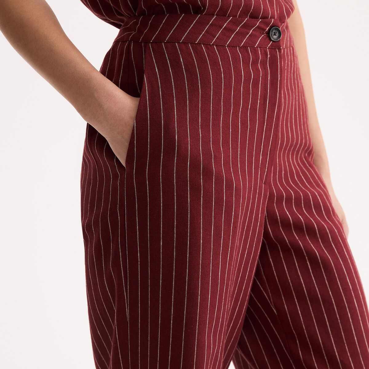 Pantalon large rayé en lin et viscose rayé beige, ANNE WEYBURN